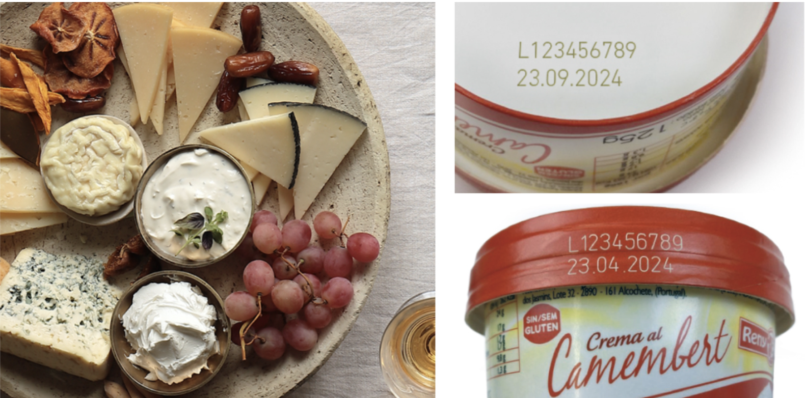 arrinas de cartón marcadas con láser, mostrando números de lote y fechas de caducidad.