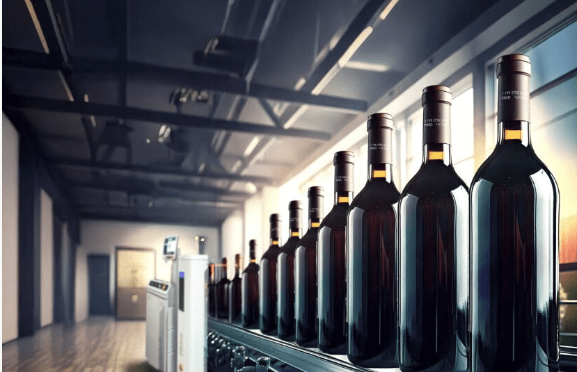 Botellas de vino en línea de producción con tecnología de marcaje láser.